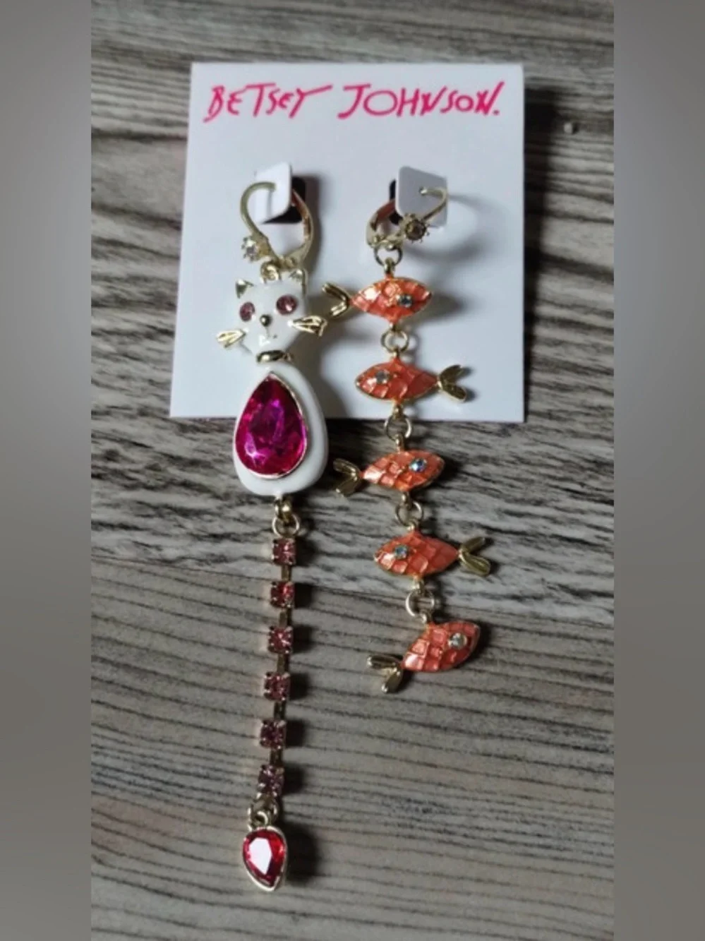 BETSEY JOHNSON Mismatched Jeweled-Tummy Cat Kitten & Linear Fish Earrings NWT